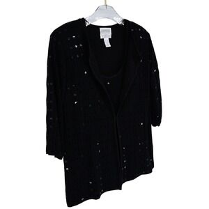 Vintage Sideffects Black Sequin Knit 2 Piece Cardigan Tank Top Set‎ XL